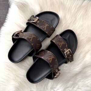 Black and Brown Flat Mule Sandals